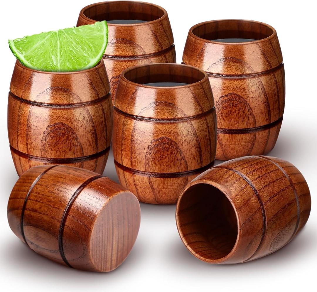 Yungyan 6 Pcs Barrel Wooden Shot Glasses Whiskey Bourbon Drinking Glasses Whiskey Gifts for Men Dad or Brother and Bar Party Decor Favors Supplies, Height: Approx. 2.76 Inches