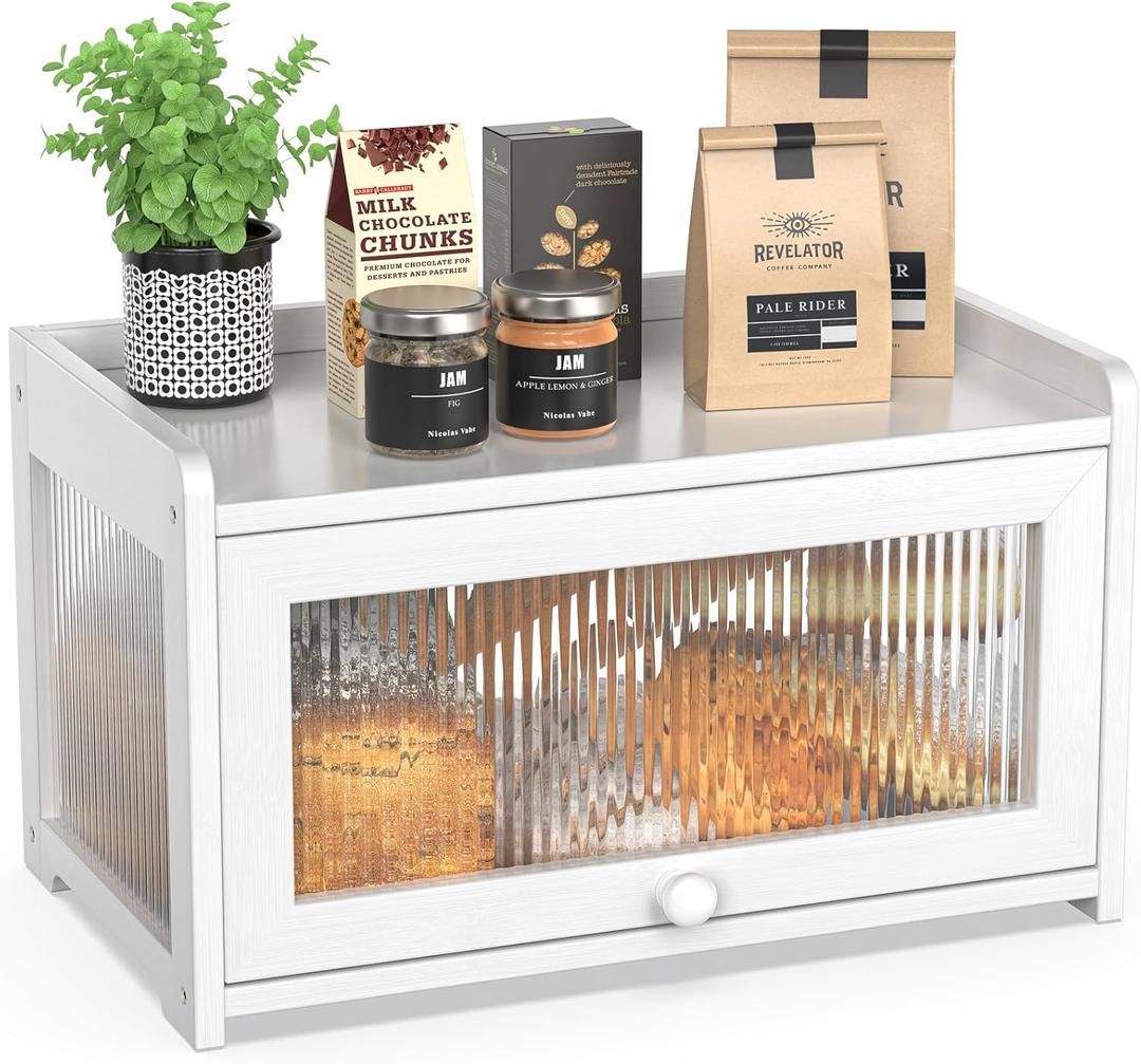 BAMBANG Bamboo Bread Box for Kitchen Counter, Large Capacity Bread Storage Container Farmhouse Bread Box with 3 Sides Wavy & Back Clear Window, Breadbox Bread Bin Holder for Homemade Bread, White