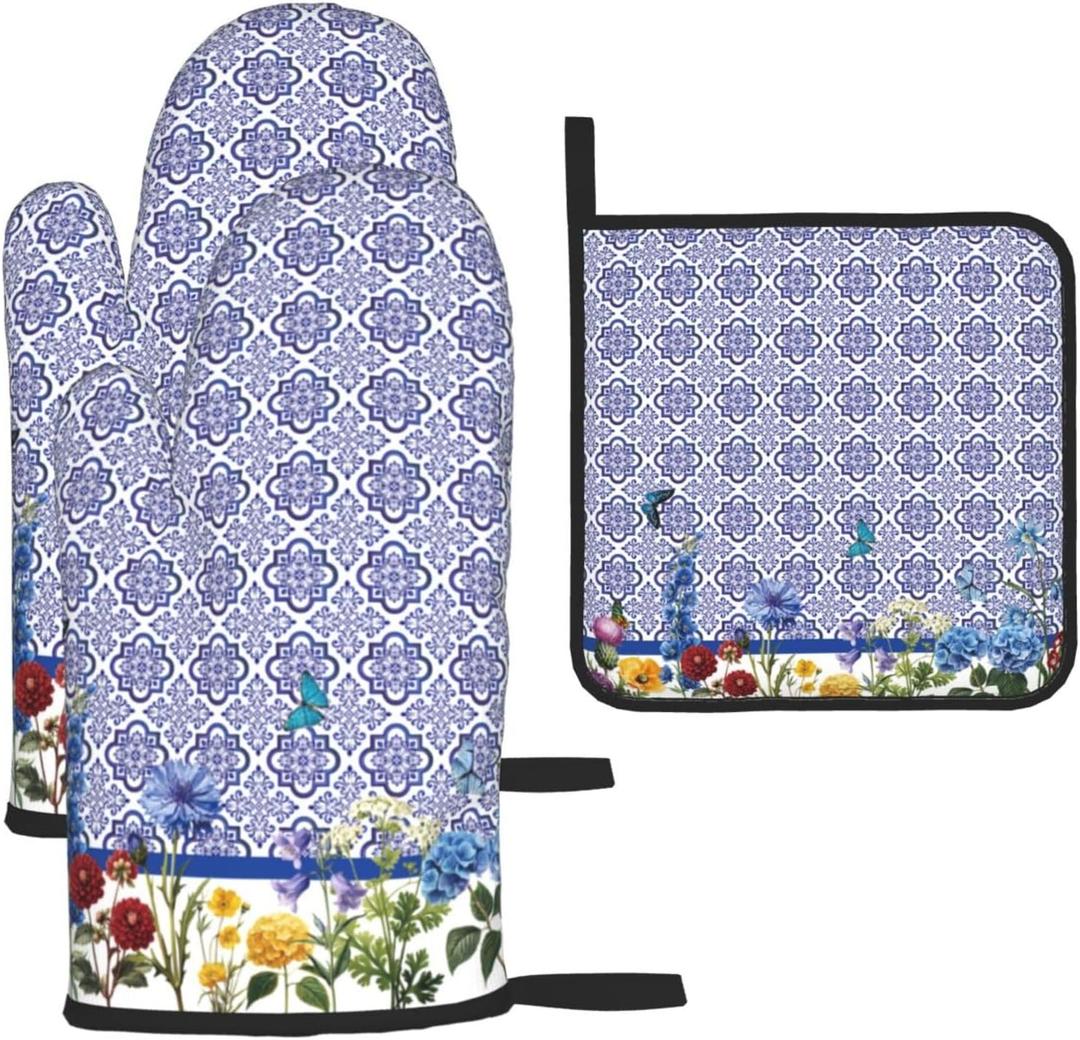 Blue Chinoiserie Oven Mitts Heat Resistant,Cute Floral Pot Holders and Kitchen Mitts, Heat Resistant Non-Slip Baking Golves Hot Pads for Cooking BBQ Grilling,Housewarming Gifts for Women Hostress