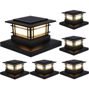Dynaming 6 Pack Solar Post Cap Lights Outdoor, Fence Post Solar Lights Fit for 4x4 5x5 6x6 Vinyl/Wooden Posts, High Brightness Warm White SMD LED Lighting Decor for Garden Deck Patio (Black)