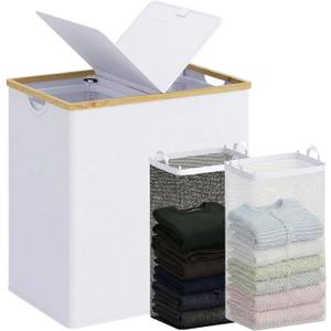 efluky Laundry Hamper with Lid, Double Laundry Basket with 2 Removable Bags, 2 Section Laundry Bin with Bamboo Handles for Bathroom, Bedroom & Laundry Room, 140L (36.9 Gallon) White, 140L Dual