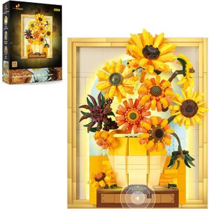 JMBricklayer Flowers Sunflower Building Sets for Adult with Lights 70004, Van Gogh Wall Art Crafts Ideas Flower Bouquet, Painting Frame Room Decor, Valentines Day Birthday Gifts for Women Girl