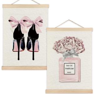 RYYCDOI Coquette Pink and Black Bathroom Wall Art Poster, Preppy Girly Room Decor, Pink Girly High Heels Perfume Wall Art Decor for Girls Bedroom Dorm Apartment, 12x16 Inches Set of 2