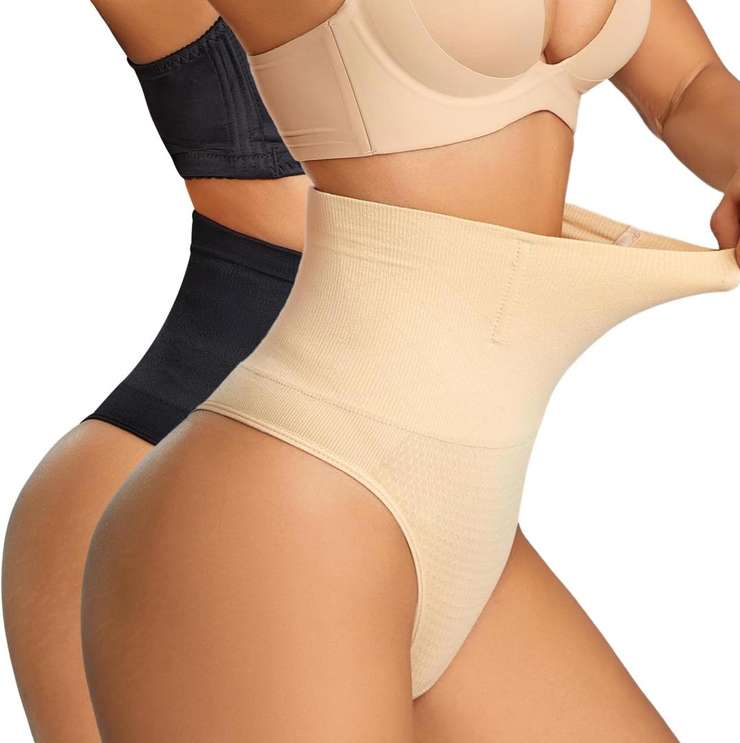 Dulchany Thong Shapewear Tummy Control Underwear for Women Seamless Body Shaper Panties, Black+beige-mid Waisted, Large