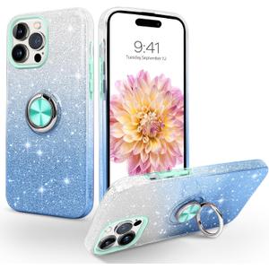Compatible with iPhone 14 Pro Case,Magnetic Car Mount Supported Slim Thin Glitter Sparkle with 360 Ring Holder Kickstand Protective Phone Cover for iPhone 14 Pro 6.1", Gradient Blue
