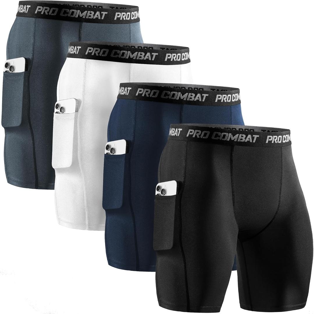 Niksa 2/4 Pack Compression Shorts Men with Pocket, Spandex Running Shorts Sport Athletic Workout Performance Underwear (Medium, Black,white,grey,navy)