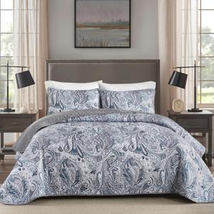 DJY Grey Quilt Set Queen Size Boho Bedspread Coverlet Set 3 Pieces, Soft Lightweight Microfiber Morandi Gray Paisley Floral Pattern Bedding Set for All Season, 96"x90