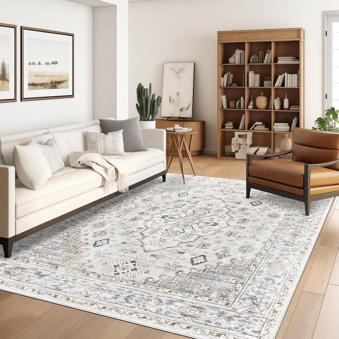 Befbee 5x7 Area Rugs for Living Rooms, Stain Resistant Neutral Washable Rugs for Dining Rooms, Floral Vintage Non-Slip Thin Large Size Area Rug(Light Grey)
