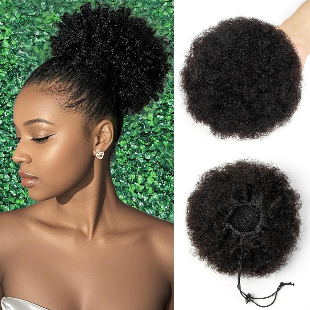 Afro Puff Human Hair Drawstring Ponytail for Black Women 6 Inch Curly 100% Brazilian Virgin Human Hair Ponytail Short Extension Hairpieces Updo Hair for Black Women Girls 50g #1B Natural Color