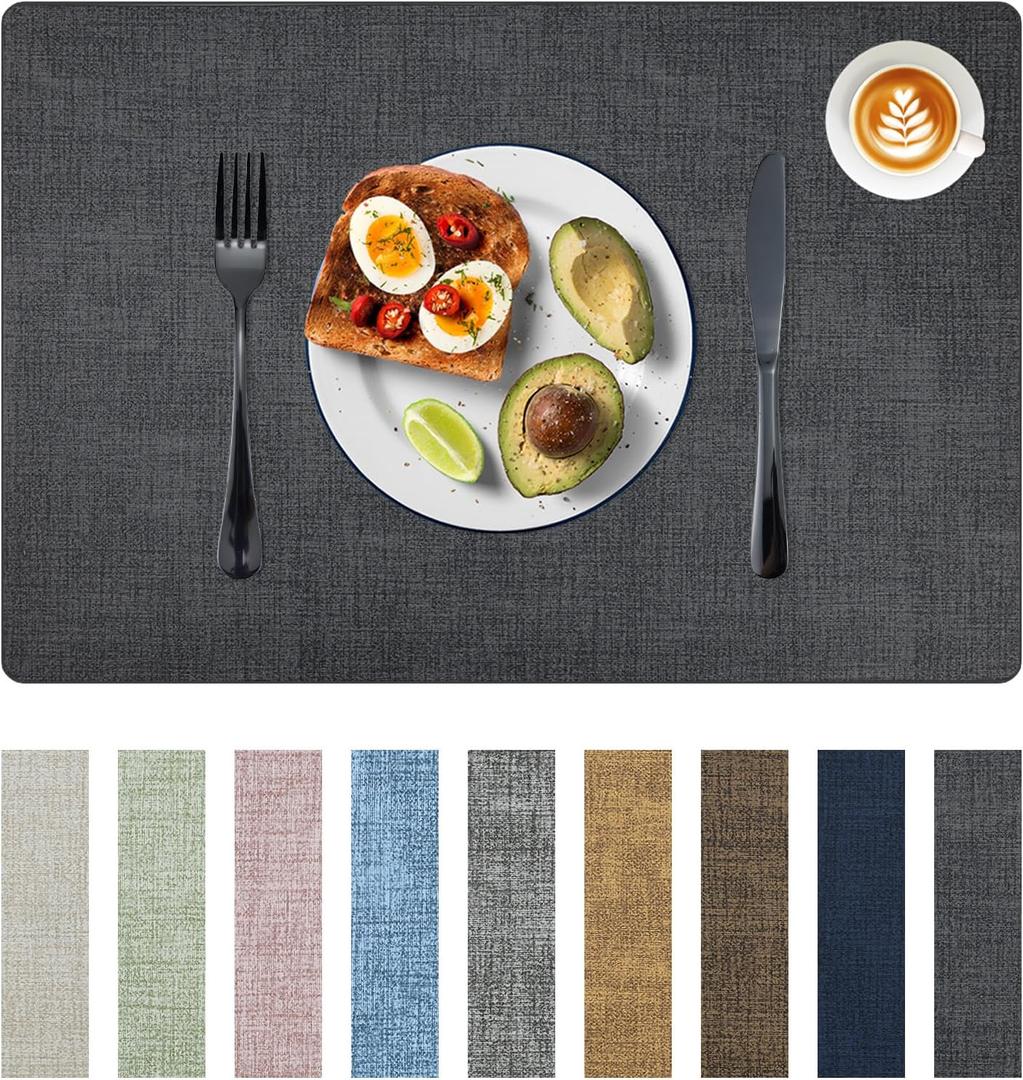 Placemats Set of 6 Faux Leather Heat Resistant Tables Mats Waterproof Oilproof Wipeable Reversible Anti-Slip Place Mats for Kitchen/Dining/Party/Outdoor 11.8" x 16.9", Dark Gray