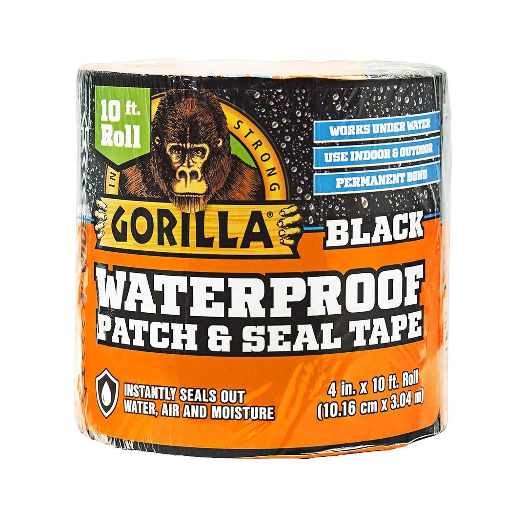 Gorilla Waterproof Patch & Seal Tape, Black Tape, 4" x 10' (Pack of 1) - Permanent Weather Resistant Seal for Leaks and Repairs Gorilla Waterproof Patch & Seal Tape, Black Tape, 4" x 10' (Pack of 1) - Permanent Weather Resistant Seal for Leaks and Repairs