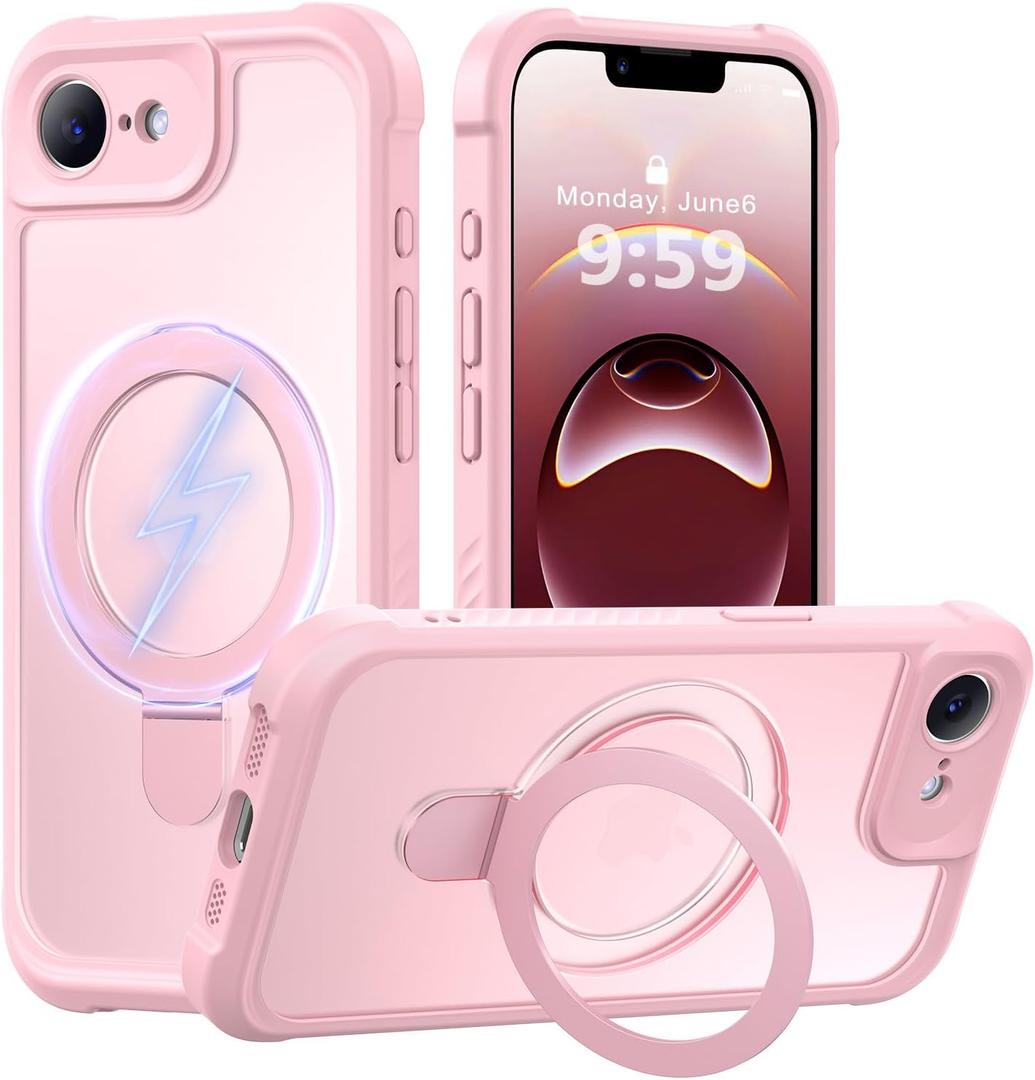 MOCCA for iPhone 17e Case & iPhone 16e Case with Magnetic Invisible Stand [Full Camera Protection][Compatible with Magsafe] Military Drop Shockproof Translucent Matte Phone Case Cover 6.1",Pink