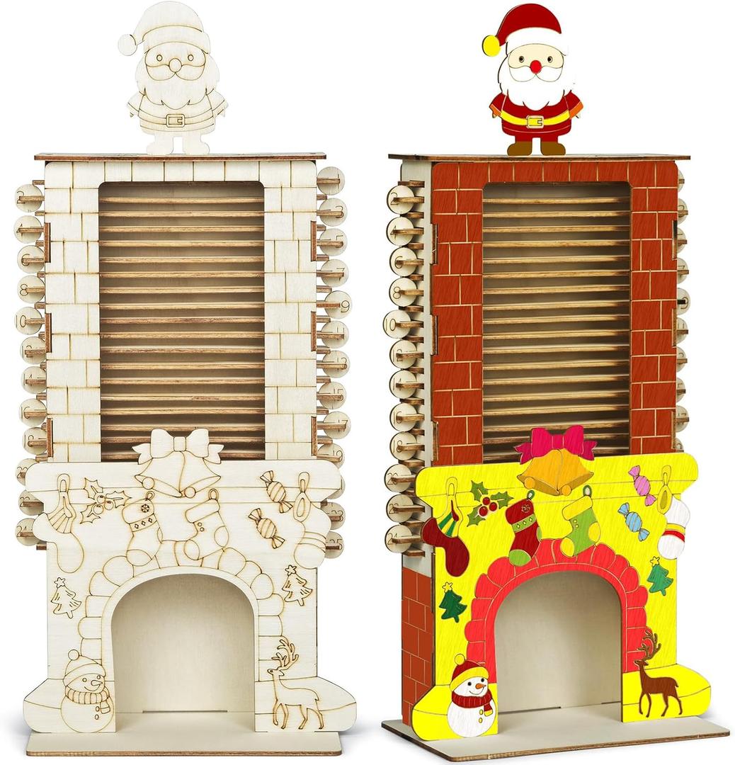 2 x Cinrobiye Countdown to Christmas Wooden Advent CalendarDIY Christmas Advent Countdown Colorable Santa in the Chimney Craft kit for Door Table Wall Mantel Holiday Farmhouse Xmas Decor