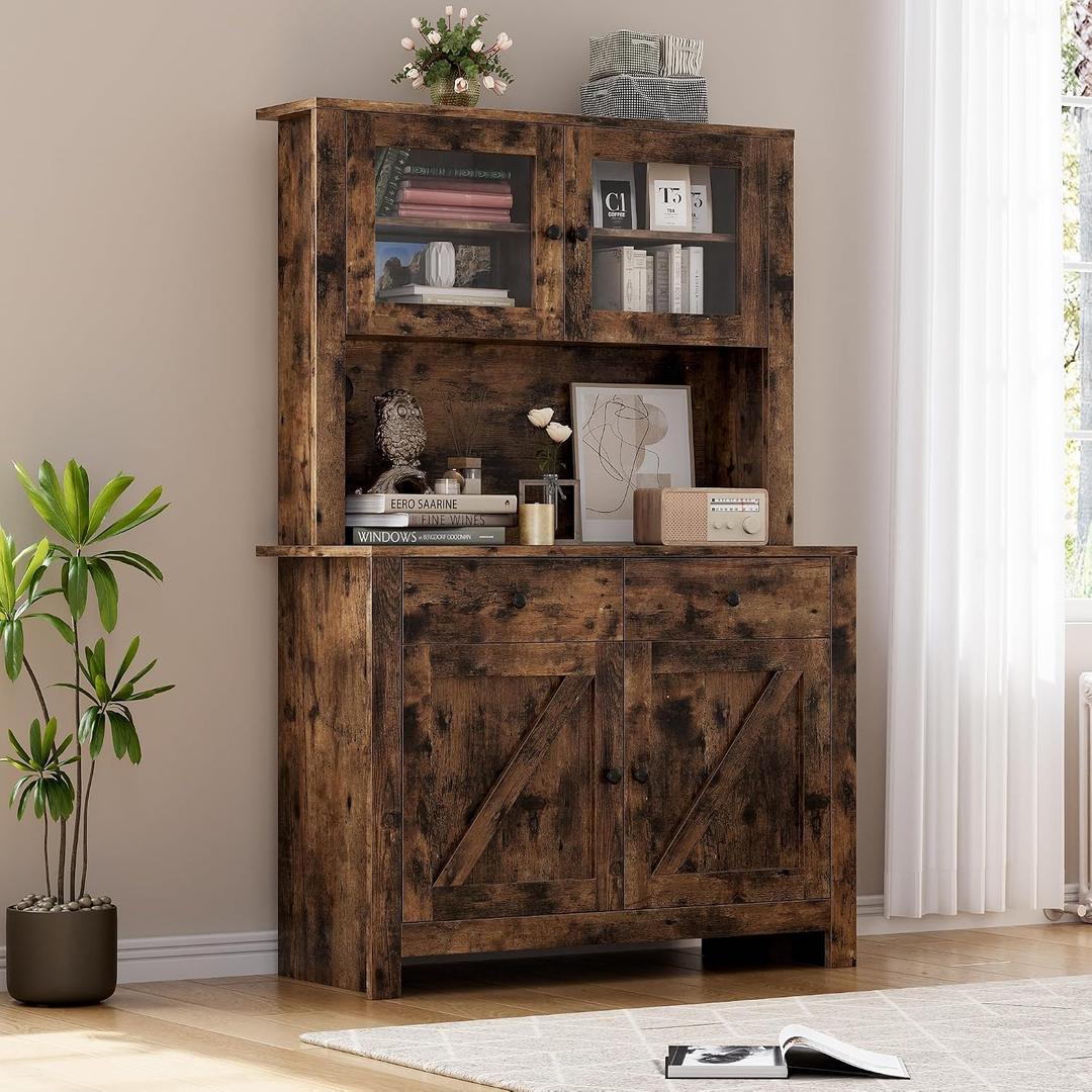GarveeHome Kitchen Pantry Cabinet with Microwave Stand, Freestanding Hutch Cabinet with Buffet Cupboard, Tall Kitchen Cabinets with Adjustable Shelves for Dining Room, Brown, 41.3 inches x 17.3 inches x 63.4 inches
