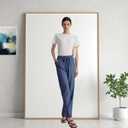 Womens Wide Leg High Rise Jeans Elastic Waist with Drawstring (Large, Dark Blue)