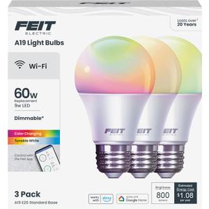 Feit Electric OM60/RGBW/CA/AG/3 60 Watt Equivalent WiFi Color Changing and Tunable White, Dimmable, No Hub Required, Alexa or Google Assistant A19 LED Smart Light Bulb, 3-Pack, Rgbw Multicolor, 60W