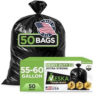 Veska 55 Gallon Trash Bags Heavy Duty, (Value-Pack 50 Count w/Ties) 55-60 Gallon Trash Bags Large Black 50-60 Gallon Garbage Liners for Lawn, Leaf, and Commercial