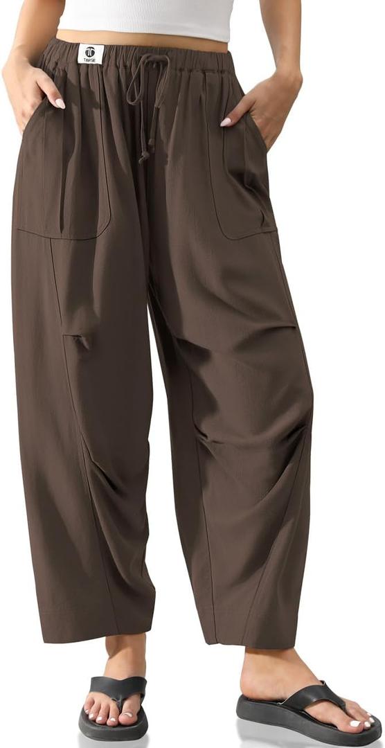 TARSE Women’s Linen Casual Pants Loose Fit Drawstring Waist Straight Leg Trousers Beach Travel Vacation Clothes with Pockets, Size M