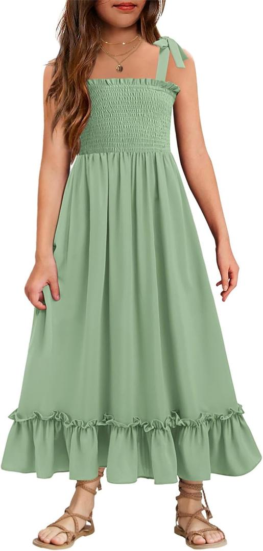 Arshiner Girls Summer Dress Boho Beach Casual Smocked Maxi Dresses 6-13 Years (7-8 Years, Green)