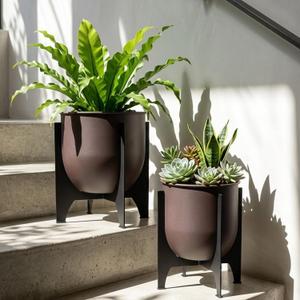 TRIROCKS Set of 2 Planters with Stand Indoor Outdoor Metal Plant Stand 16 &8" H Modern Planters Flower Pots for Living Room Corner Kitchen Office Garden Balcony Patio Decor, 11" H