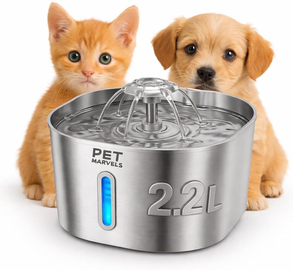Stainless Steel Cat Water Fountain 2.2L/74oz Ultra-Quiet Pump, Visible Water Level, Dual Flow Modes Automatic Pet Water Dispenser for Cats & Small Dogs