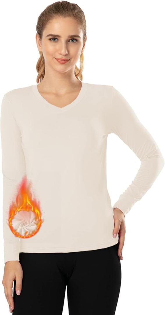 MANCYFIT Thermal Tops for Women Fleece Lined Shirt Long Sleeve Base Layer V Neck, XXL