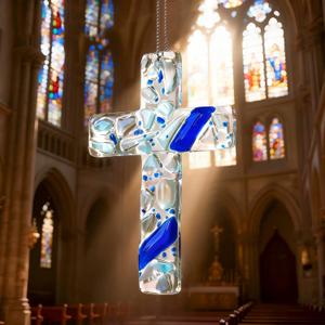 2 x H&D HYALINE & DORA Blue Cross for Car Mirror Hanging Glass Cross Christian Ornaments Christian Gifts for Men Beautiful Jesus Nativity Ornament