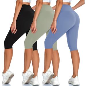 High Waisted 3 Pack Women's Capri Pants - Knee Length Yoga Shorts, Biker Workout Leggings for Women,Summer Activewear, Large-X-Large