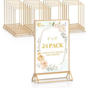 EHWINE 24 Pack Acrylic Sign Holder 4 x 6, Double Sided Gold Picture Frame Stand up Table Top Sign Holders, Clear Display Stand Menu Flyer Holder for Wedding Party