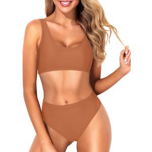 Tempt Me Women Two Piece Scoop Neck Bikini Crop Top Swimsuit Sporty High Waisted Bathing Suit (Large, Golden Brown)