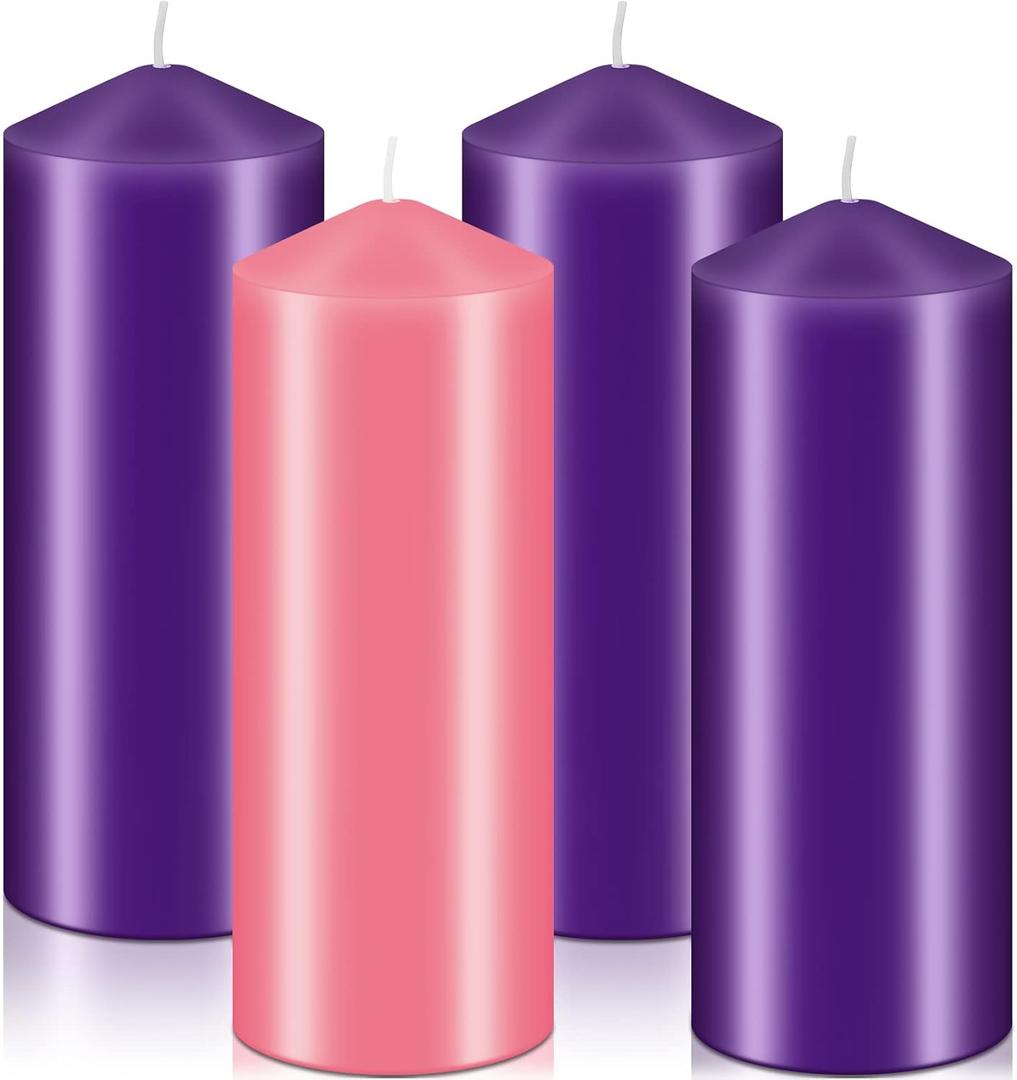 Amylove 4 Pcs 3 x 8 Inch Advent Pillar Candles Set Pink Purple Christmas Unscented Lasting Burning Church Candles for Advent Wreath Holiday Gifting
