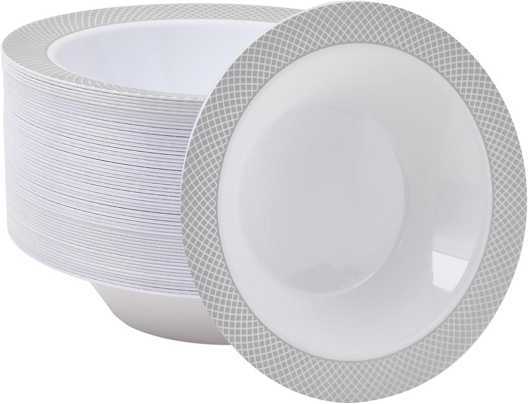 JOLLY CHEF 50 Pack Plastic Bowls with Silver Rim, 12 oz Disposable Soup Bowls, Heavy Duty Plastic Dinner Bowl for Weddings, Party, Dinners, Catering, Christmas and Everyday Use