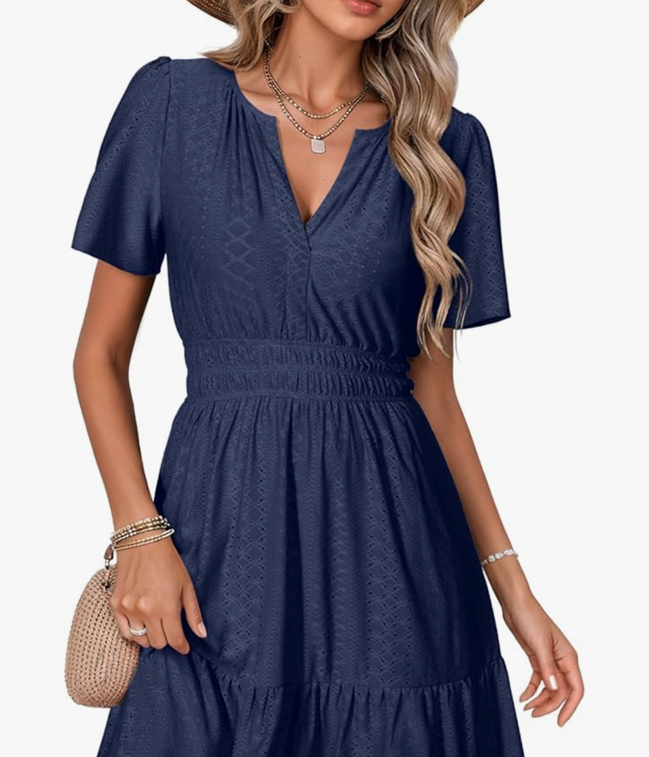 Womens 2025 Summer Long Dress Eyelet Short Sleeve Cocktail Short Dresses Cute A Line Sun Dress with Pockets Size L