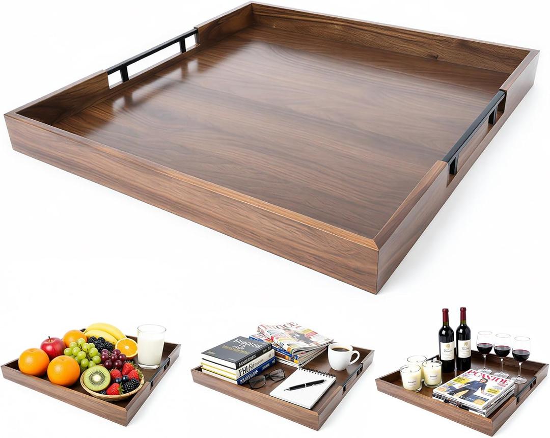 20 Inch Large Square Ottoman Tray, Premium Acacia Wooden Serving Tray with Metal Handles, Large Decorative Tray for Living Room, Ottoman, Coffee Table, Charcuterie Trays Use for Kitchen
