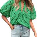 BTFBM Womens Blouses Summer Hollow Out Eyelet Embroidery Tops V Neck Buttons Puff Sleeve Boho Shirts Spring Fashion 2026, Green, M