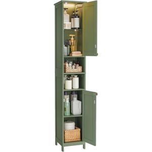VASAGLE Tall Storage Cabinet with Lights, Slim Freestanding Cabinet with Adjustable Shelves, for Small Spaces, Bathroom, Living Room, Modern, 11.8 Inches Wide, Forest Green UBBC566C01