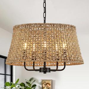 Hand-Woven Rattan Chandelier Vintage Farmhouse Boho Bamboo Chandeliers Light Fixture Retro Drum Wicker Rattan Black Chandelier for Dining Room, Kitchen, Living Room