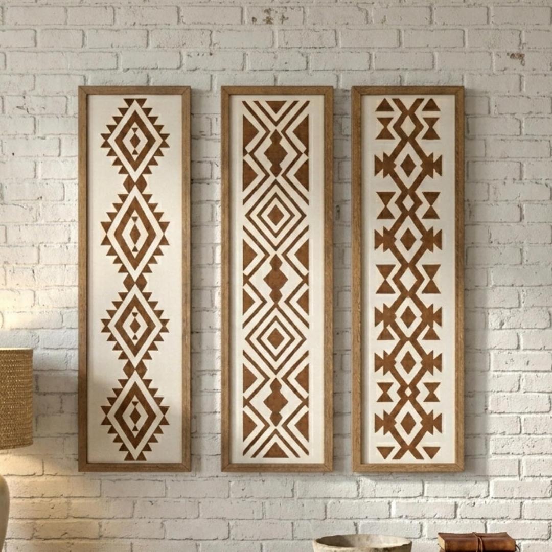 X DELUXE Minimalist Aztec Wood Wall Decor Set of 3 Geometric Scandinavian Boho Hanging Panels for Living Room Bedroom Hallway Office Modern Tribal MDF Wall Art Vertical Decorative Interior Accent, 19.69"L x 4.92"W