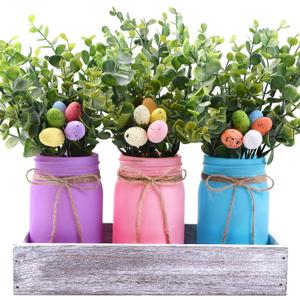 3PCS Easter Mason Jars 3 * 5Inch Easter Painted Tiered Tray Decorative Jars with Wood Tray &Artificial Flowers Farmhouse Bottles for Holiday Spring Home Table Centerpiece Decor Gifts (Purple)
