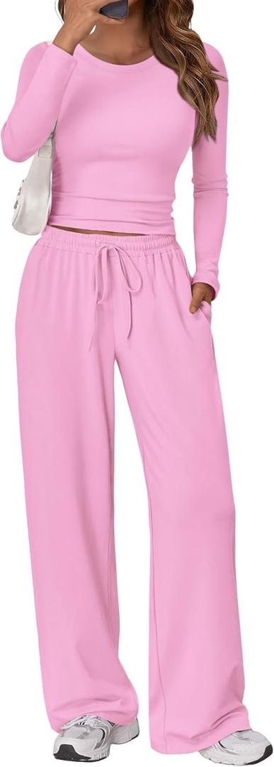 Trendy Queen Women's 2 Piece Matching Lounge Set Long Sleeve Side Ruching Top Wide Leg Drawstring Pants Set with Pockets (Medium, Light Pink)