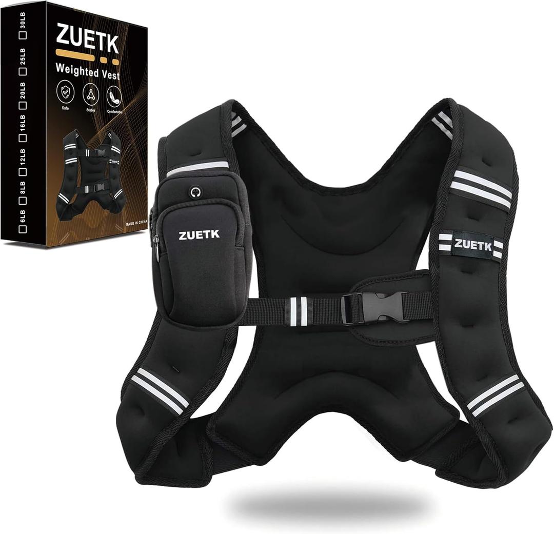 Zutek Weighted Vest, 6lb/8lb/12lb/16lb/20lb/25lb/30lb Weight Vest with Reflective Stripe, Weighted Vest for Men Women Workout Equipment for Strength Training, Running, Jogging, Fitness, Weight Loss (Black with Bag)