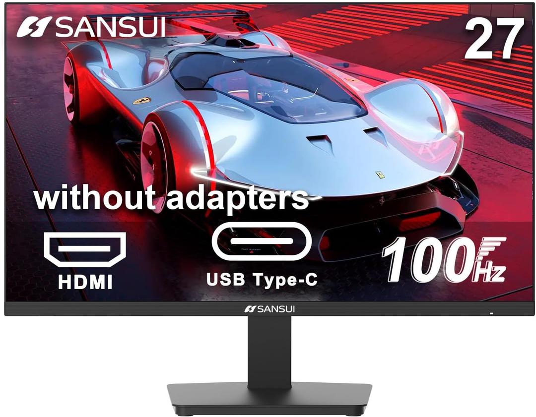 SANSUI Monitor 27 Inch 100Hz USB Type-C Computer Monitor, FHD 1920X1080P,Frameless Eye Care PC Office Monitor with HDMI, Adaptive Sync, HDR, VESA(100x100mm)ES-27F2C HDMI Cable Included