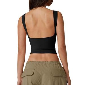 QINSEN High Neck Open Back Cropped Tops for Women Sleeveless Summer Y2K Tee Shirts Black L