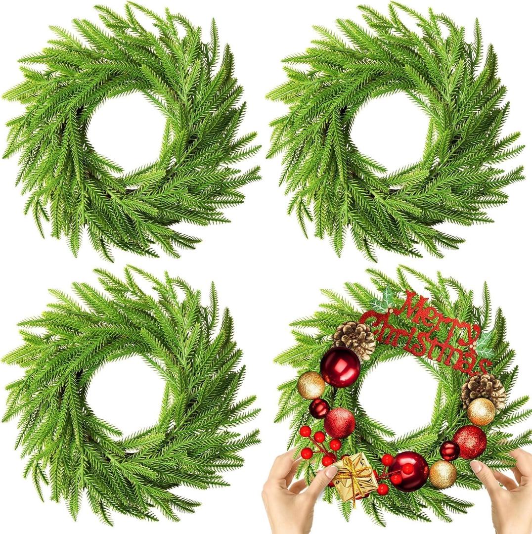 4 Pcs Christmas DIY Green Wreath 10 Inch Artificial DIY Faux Plain Wreaths Front Door Green Farmhouse Cabinets Indoor Outdoor Wall Decor(Norfolk Pine)