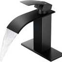 Qomolangma Black Waterfall Spout Bathroom Faucet, Single Handle Vanity Sink, Rv Lavatory Vessel Faucet Suitable for 1 or 3 Holes with 6 Inch Deck Plate & Hose Matte Black