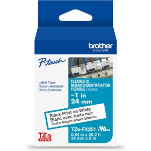 Brother Genuine P-Touch TZe, Black Print on White, Flexible ID Laminated Label Tapes (TZeFX251), ~1in x 26.2ft (24mm x 8m) for Select P-Touch Label Makers, Durable, for Cable Wrap, Water-Resistant