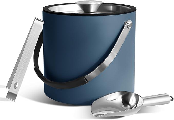 Bakpoco 3L Ice Bucket with Silicone Lid, Scoop, Tongs & Strainer, Stainless Steel Double Wall Insulated Ice Buckets for Parties & Cocktail Bar, Outdoor Champagne Ice Container Bin, Navy