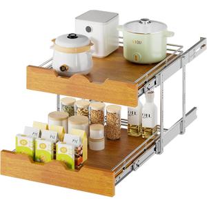 DINDON 2 Tier Pull Out Cabinet Organizer (20" W x 21" D) Slide Out Wood Shelf Double Tier Kitchen Wire Basket with Chrome Finish