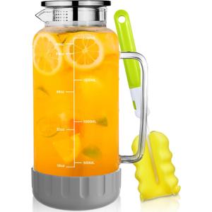 Aofmee 68oz Glass Pitcher with Lid, 2 Liter Water Carafe with Silicone Base and Precise Scale Line, Ice Tea Pitcher for Fridge, Anti-Slip Glass Jug for Sun Tea Juice Coffee Milk Beverage (Gray)