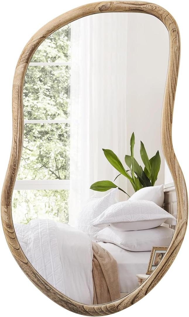 Irregular Wall Mirror Wood Asymmetrical Mirror Large Bathroom Vanity Mirrors Natural Wood Framed Abstract Mirrors for Wall Living Room Bedroom Decorative 30"L x 18"W